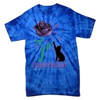 Paws For A Cure Fibromyalgia Awareness Day Black Cat And Rose Gift Tie-Dye T-Shirt