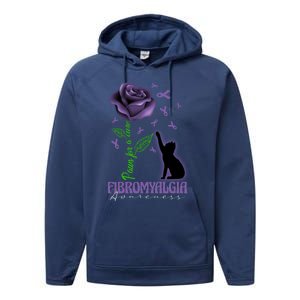 Paws For A Cure Fibromyalgia Awareness Day Black Cat And Rose Gift Performance Fleece Hoodie