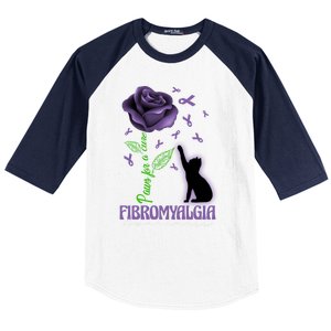 Paws For A Cure Fibromyalgia Awareness Day Black Cat And Rose Gift Baseball Sleeve Shirt