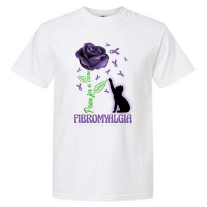 Paws For A Cure Fibromyalgia Awareness Day Black Cat And Rose Gift Garment-Dyed Heavyweight T-Shirt