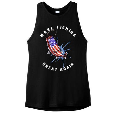 Patriotic Fishing Art Make Fishing Great Again American Flag Gift Ladies PosiCharge Tri-Blend Wicking Tank