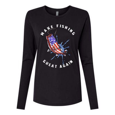 Patriotic Fishing Art Make Fishing Great Again American Flag Gift Womens Cotton Relaxed Long Sleeve T-Shirt