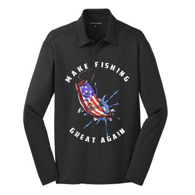 Patriotic Fishing Art Make Fishing Great Again American Flag Gift Silk Touch Performance Long Sleeve Polo