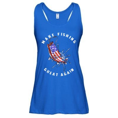 Patriotic Fishing Art Make Fishing Great Again American Flag Gift Ladies Essential Flowy Tank