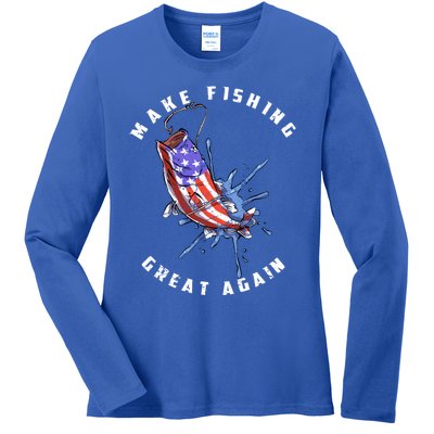 Patriotic Fishing Art Make Fishing Great Again American Flag Gift Ladies Long Sleeve Shirt