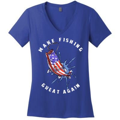 Patriotic Fishing Art Make Fishing Great Again American Flag Gift Women's V-Neck T-Shirt