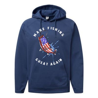 Patriotic Fishing Art Make Fishing Great Again American Flag Gift Performance Fleece Hoodie