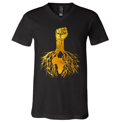 Power Fist Africa Roots Black History Pride Gold Silhouette V-Neck T-Shirt