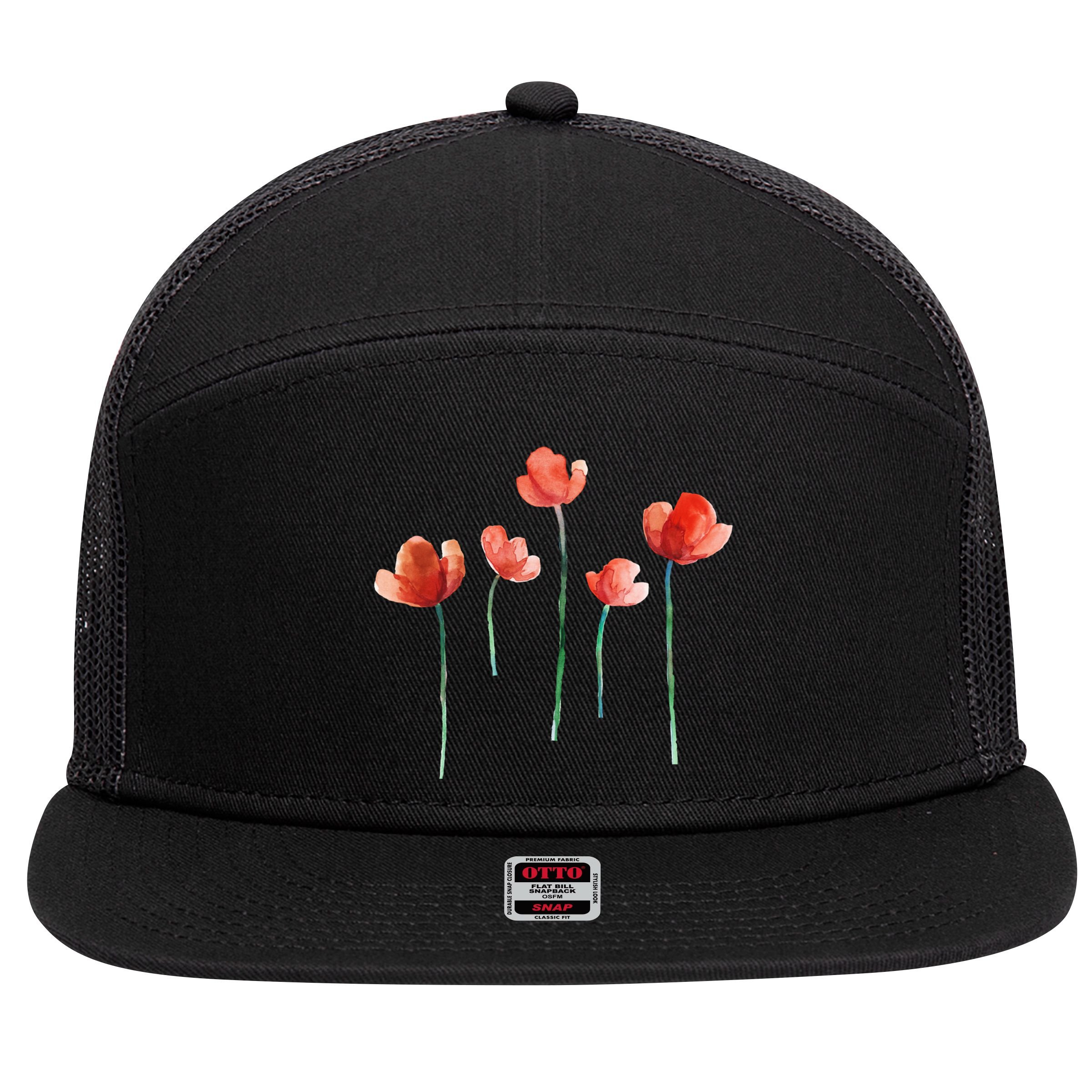 Poppy Flowers Aesthetic Watercolor Cute Tee Gift 7 Panel Mesh Trucker Snapback Hat
