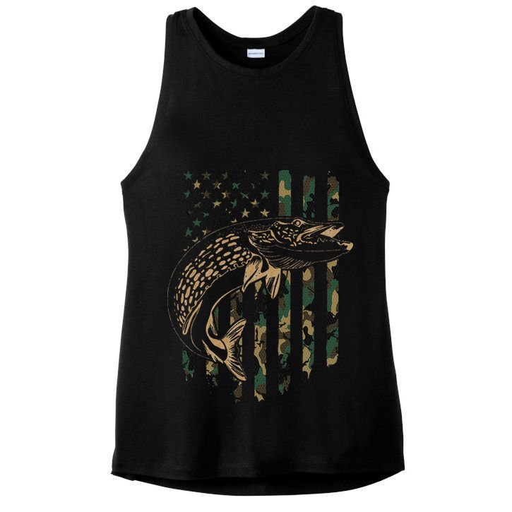 Pike Fishing American Flag Camouflage Muskie Fishing Camo Ladies PosiCharge Tri-Blend Wicking Tank