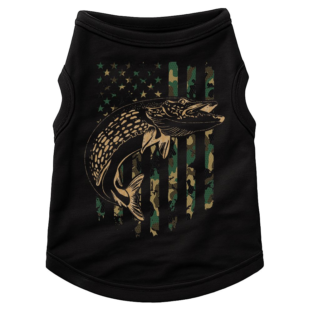 Pike Fishing American Flag Camouflage Muskie Fishing Camo Doggie Tank
