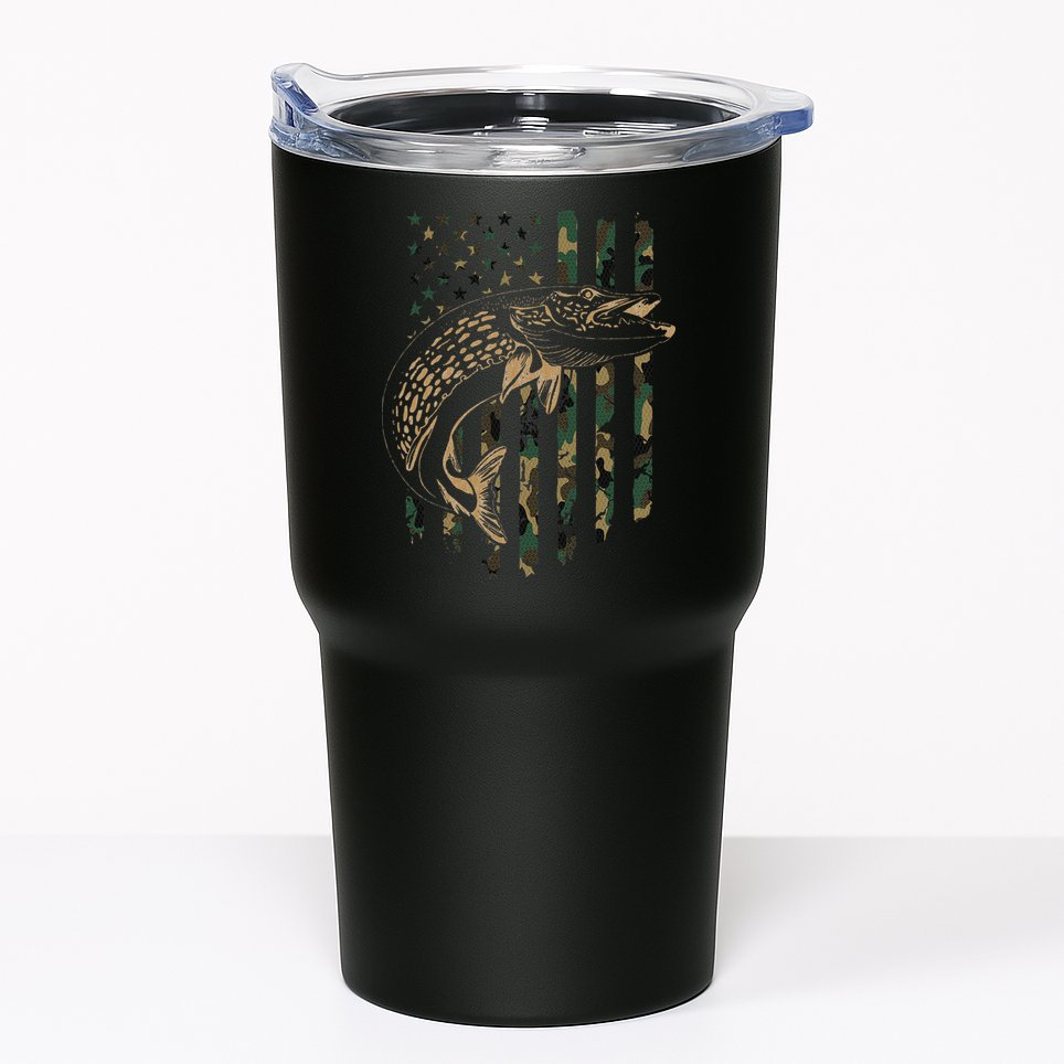 Pike Fishing American Flag Camouflage Muskie Fishing Camo Tumbler