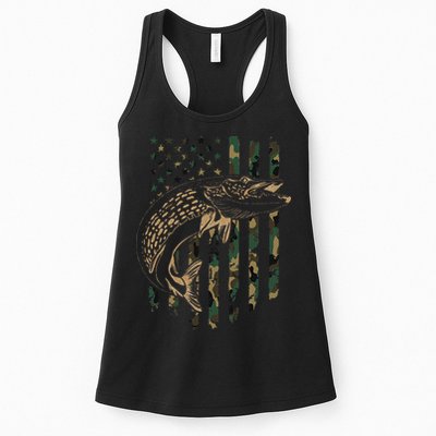 Pike Fishing American Flag Camouflage Muskie Fishing Camo Womens Tank Top