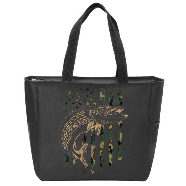 Pike Fishing American Flag Camouflage Muskie Fishing Camo Zip Tote Bag
