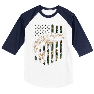 Pike Fishing American Flag Camouflage Muskie Fishing Camo Baseball Sleeve Shirt