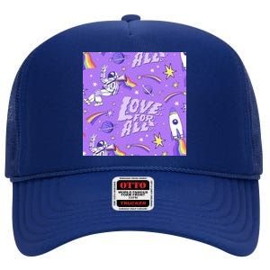 Pride Flag Astronaut Love For All High Crown Mesh Back Trucker Hat