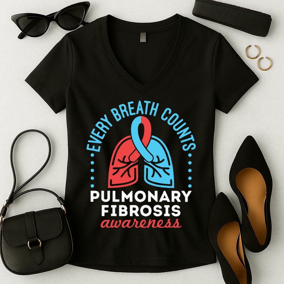 Pulmonary Fibrosis Awareness Every Breath Counts  Women's V-Neck T-Shirt