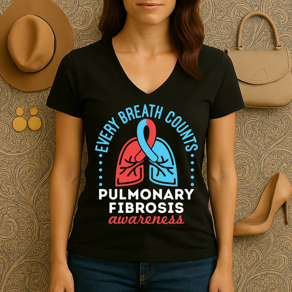 Pulmonary Fibrosis Awareness Every Breath Counts  Women's V-Neck T-Shirt