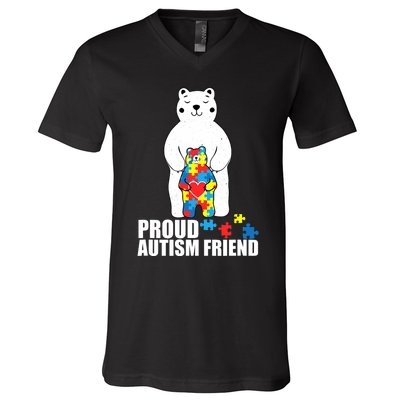 Proud Friend Bear Autism Awareness Love Autistic V-Neck T-Shirt