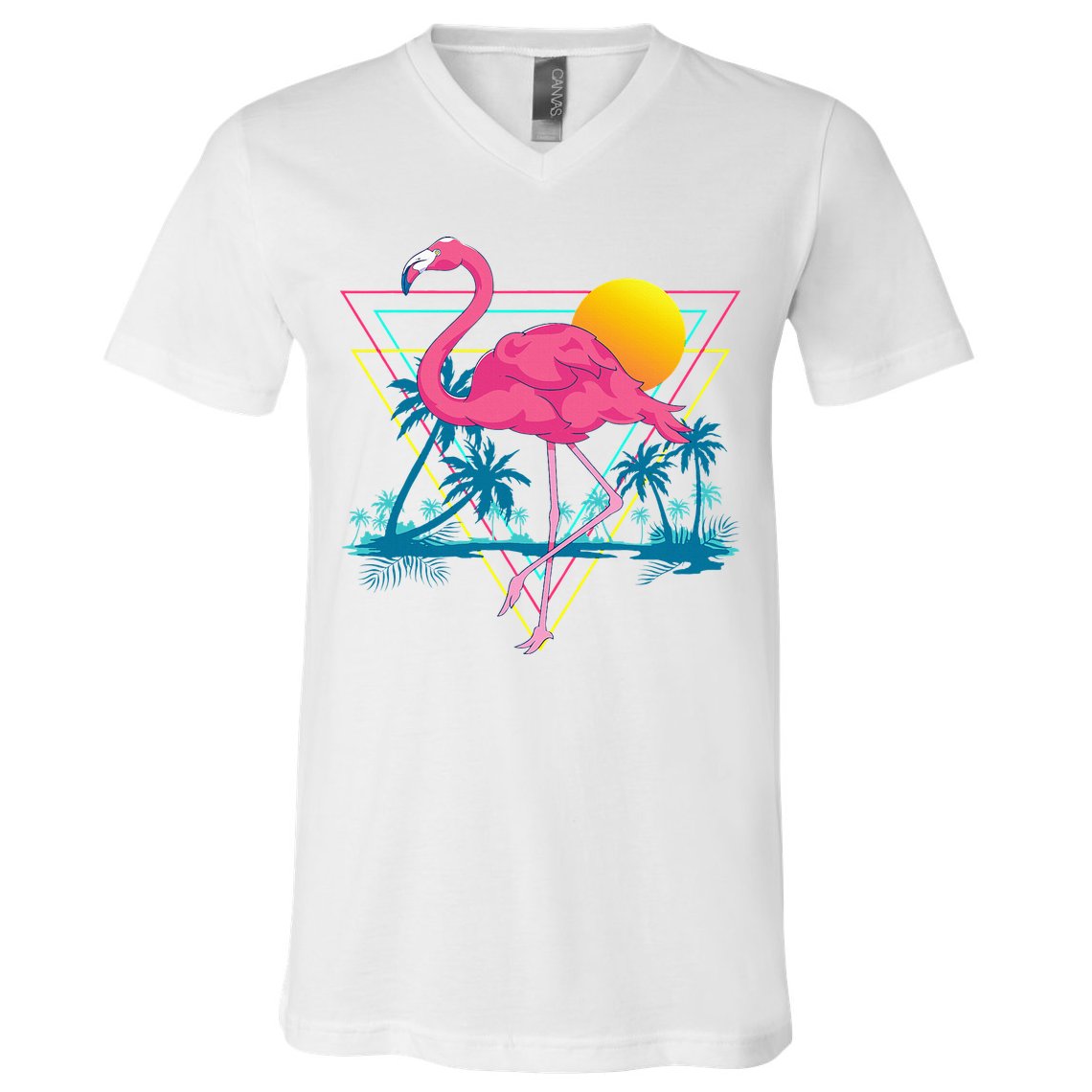 Pink Flamingo Beach Summer Vibes Palm Trees Tropical Summer V-Neck T-Shirt