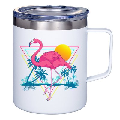 Pink Flamingo Beach Summer Vibes Palm Trees Tropical Summer 12oz Stainless Steel Coffee Mug