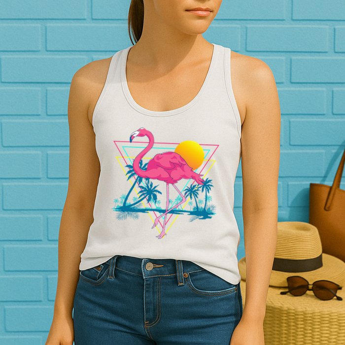 Pink Flamingo Beach Summer Vibes Palm Trees Tropical Summer Womens Tank Top