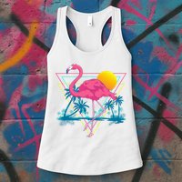 Pink Flamingo Beach Summer Vibes Palm Trees Tropical Summer Womens Tank Top