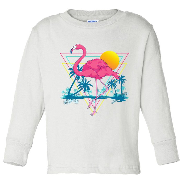Pink Flamingo Beach Summer Vibes Palm Trees Tropical Summer Toddler Long Sleeve Shirt