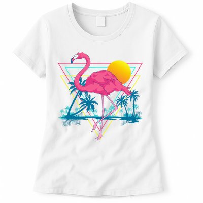 Pink Flamingo Beach Summer Vibes Palm Trees Tropical Summer Womens T-Shirt