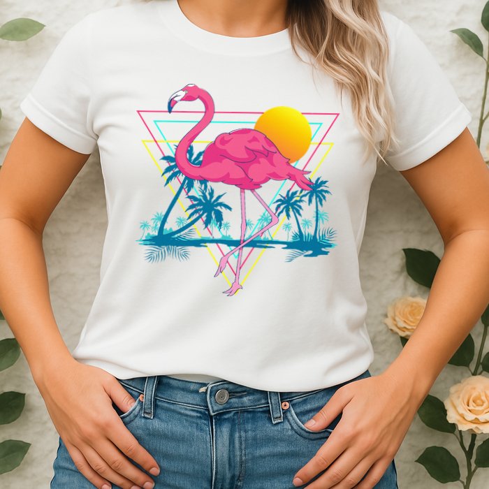 Pink Flamingo Beach Summer Vibes Palm Trees Tropical Summer Womens T-Shirt
