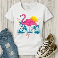 Pink Flamingo Beach Summer Vibes Palm Trees Tropical Summer Womens T-Shirt