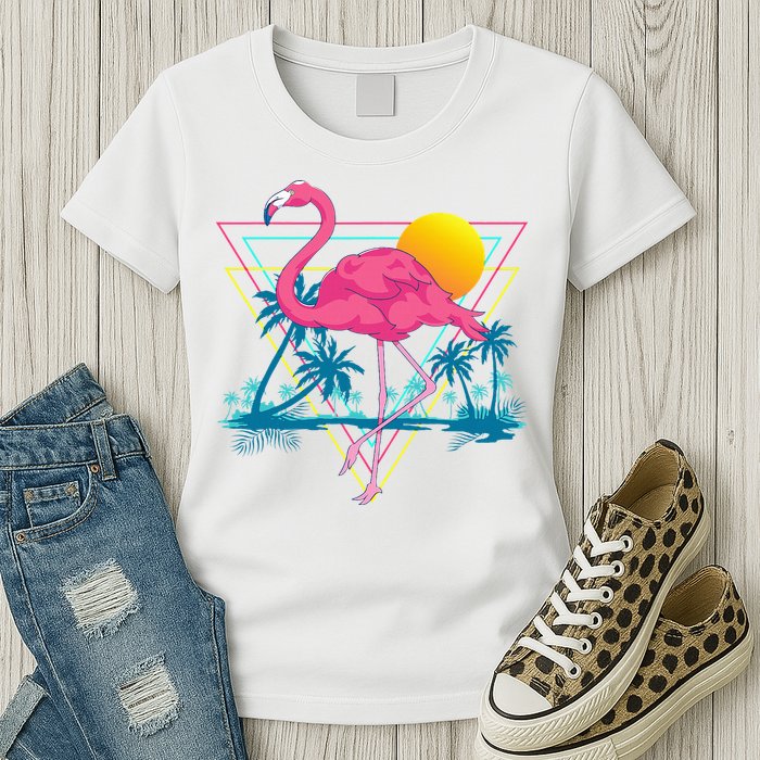 Pink Flamingo Beach Summer Vibes Palm Trees Tropical Summer Womens T-Shirt