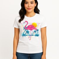 Pink Flamingo Beach Summer Vibes Palm Trees Tropical Summer Womens T-Shirt