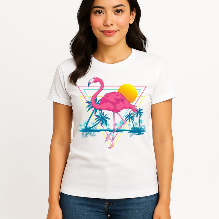 Pink Flamingo Beach Summer Vibes Palm Trees Tropical Summer Womens T-Shirt