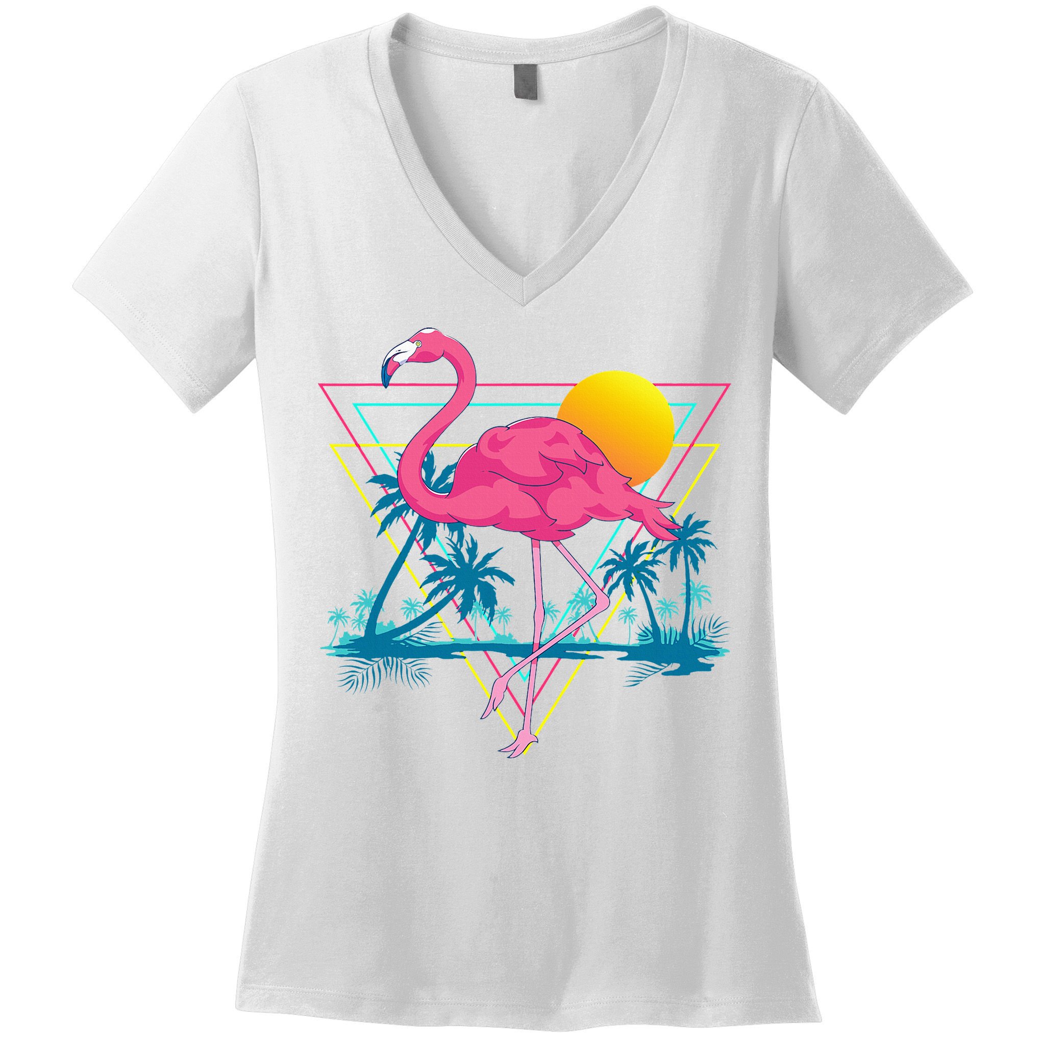 Pink Flamingo Beach Summer Vibes Palm Trees Tropical Summer Women's V-Neck T-Shirt
