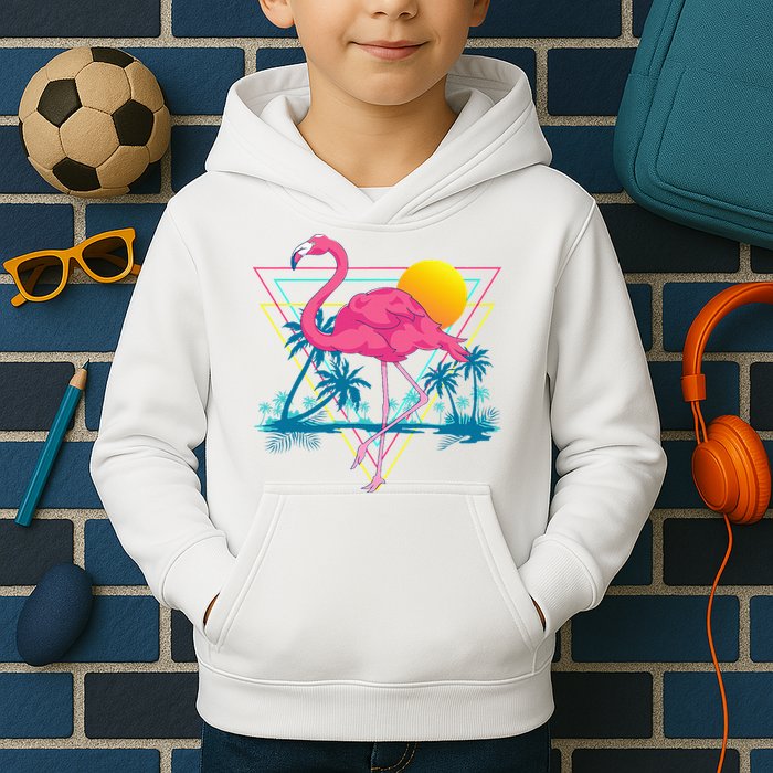 Pink Flamingo Beach Summer Vibes Palm Trees Tropical Summer Kids Hoodie