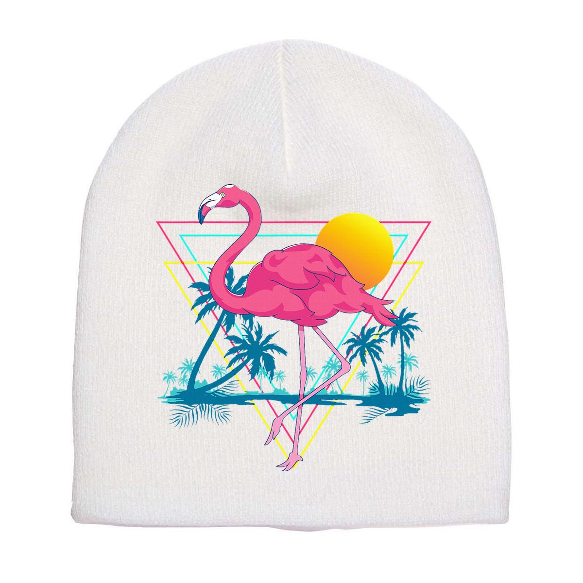 Pink Flamingo Beach Summer Vibes Palm Trees Tropical Summer Short Acrylic Beanie