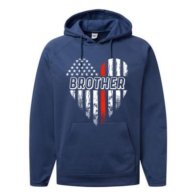 Proud Firefighter Brother American Flag Heart Gift Performance Fleece Hoodie