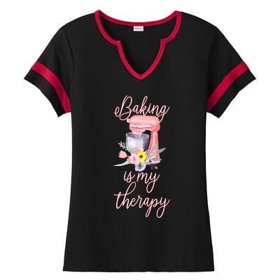 Pretty Floral Baking Is My Therapy Gift For Wo Ladies Halftime Notch Neck Tee