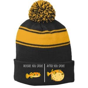 Puffer Fish Blowfish Funny Puffer Fish Stripe Pom Pom Beanie