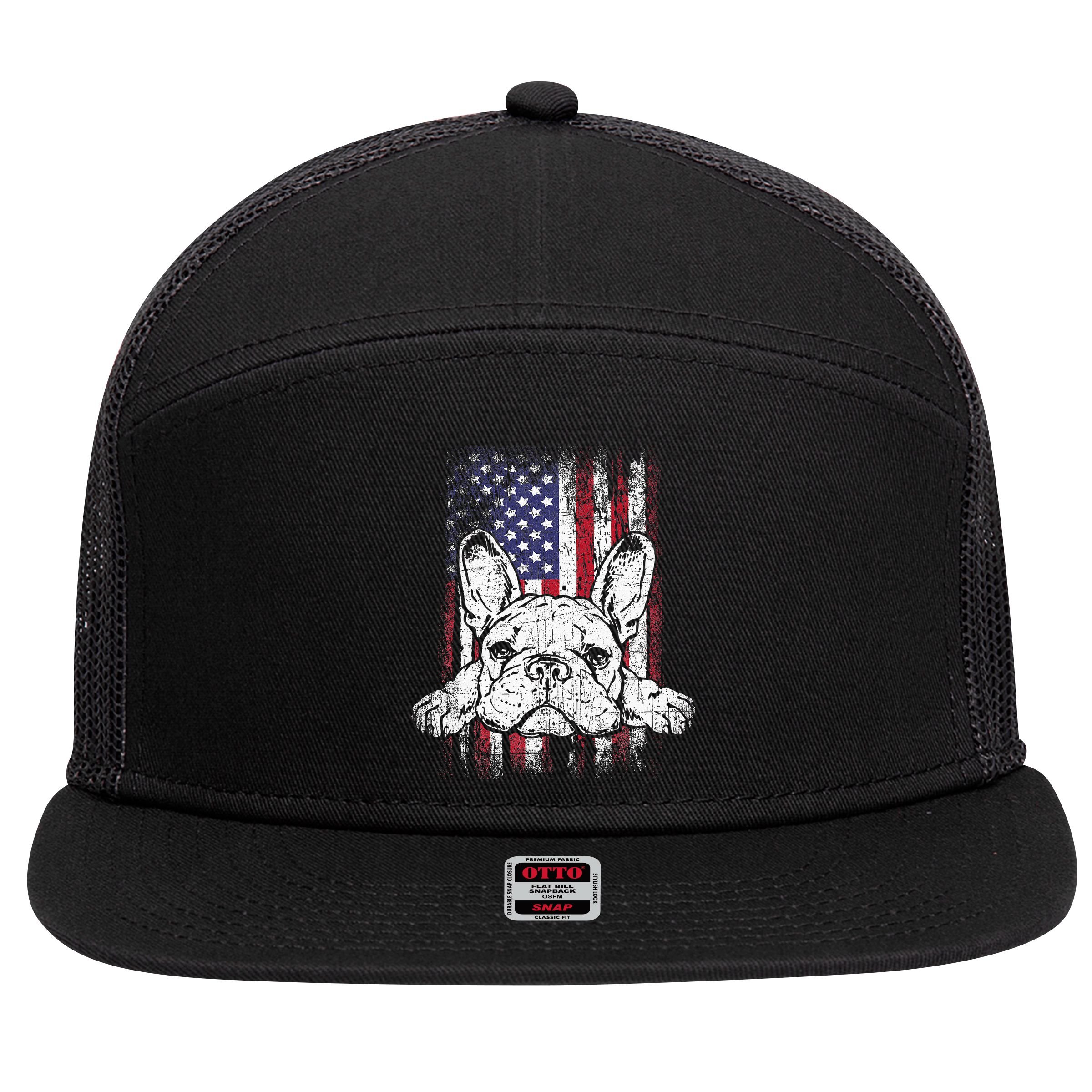 Patriotic French Bulldog American Flag Dog 7 Panel Mesh Trucker Snapback Hat