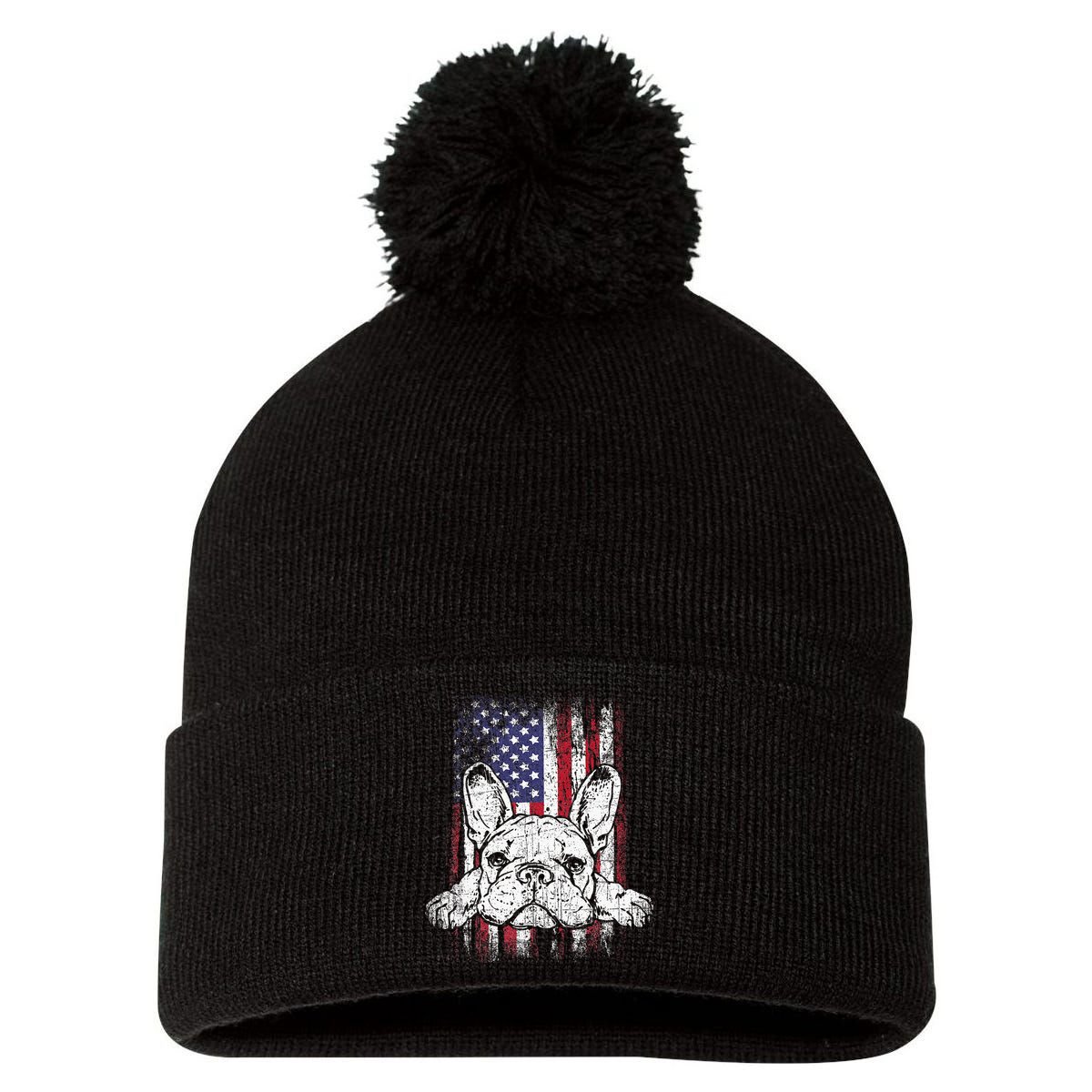 Patriotic French Bulldog American Flag Dog Pom Pom 12in Knit Beanie