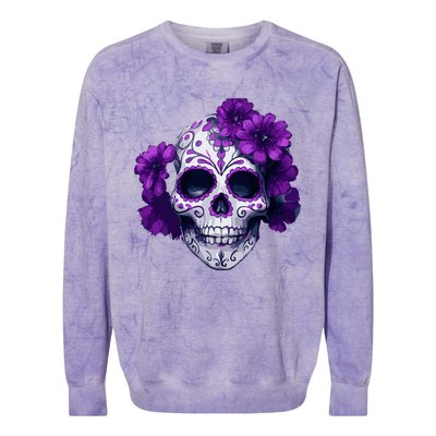 Purple Floral Black Sugar Skull Day Of The Dead Mexican Pray Colorblast Crewneck Sweatshirt