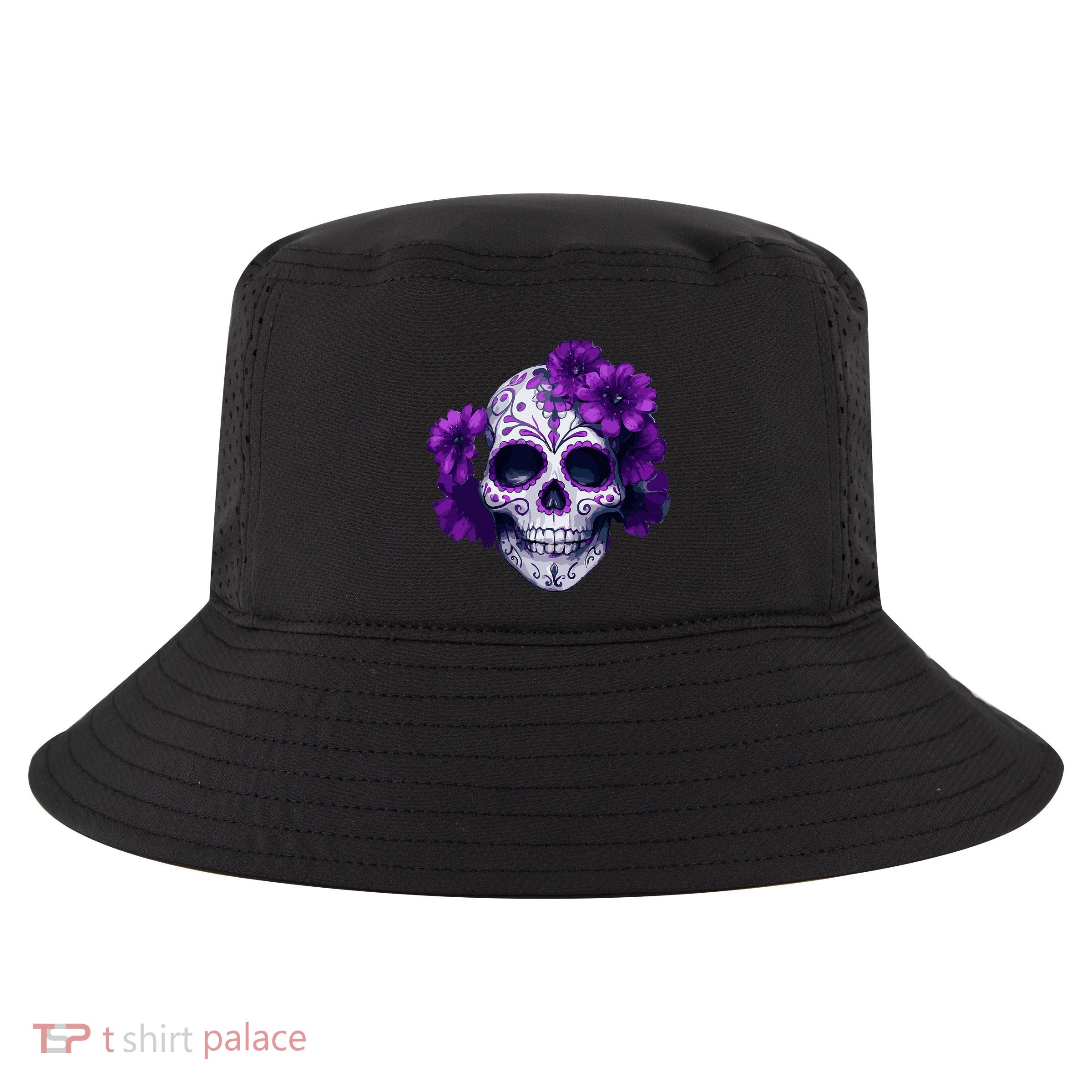 Purple Floral Black Sugar Skull Day Of The Dead Mexican Pray Cool Comfort Performance Bucket Hat