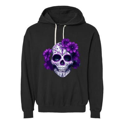 Purple Floral Black Sugar Skull Day Of The Dead Mexican Pray Garment-Dyed Fleece Hoodie