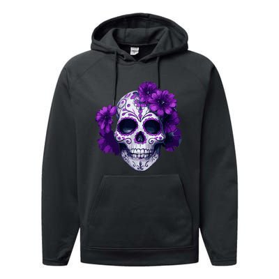 Purple Floral Black Sugar Skull Day Of The Dead Mexican Pray Performance Fleece Hoodie