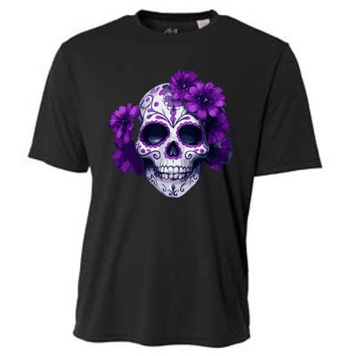 Purple Floral Black Sugar Skull Day Of The Dead Mexican Pray Cooling Performance Crew T-Shirt