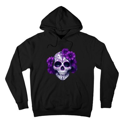 Purple Floral Black Sugar Skull Day Of The Dead Mexican Pray Hoodie