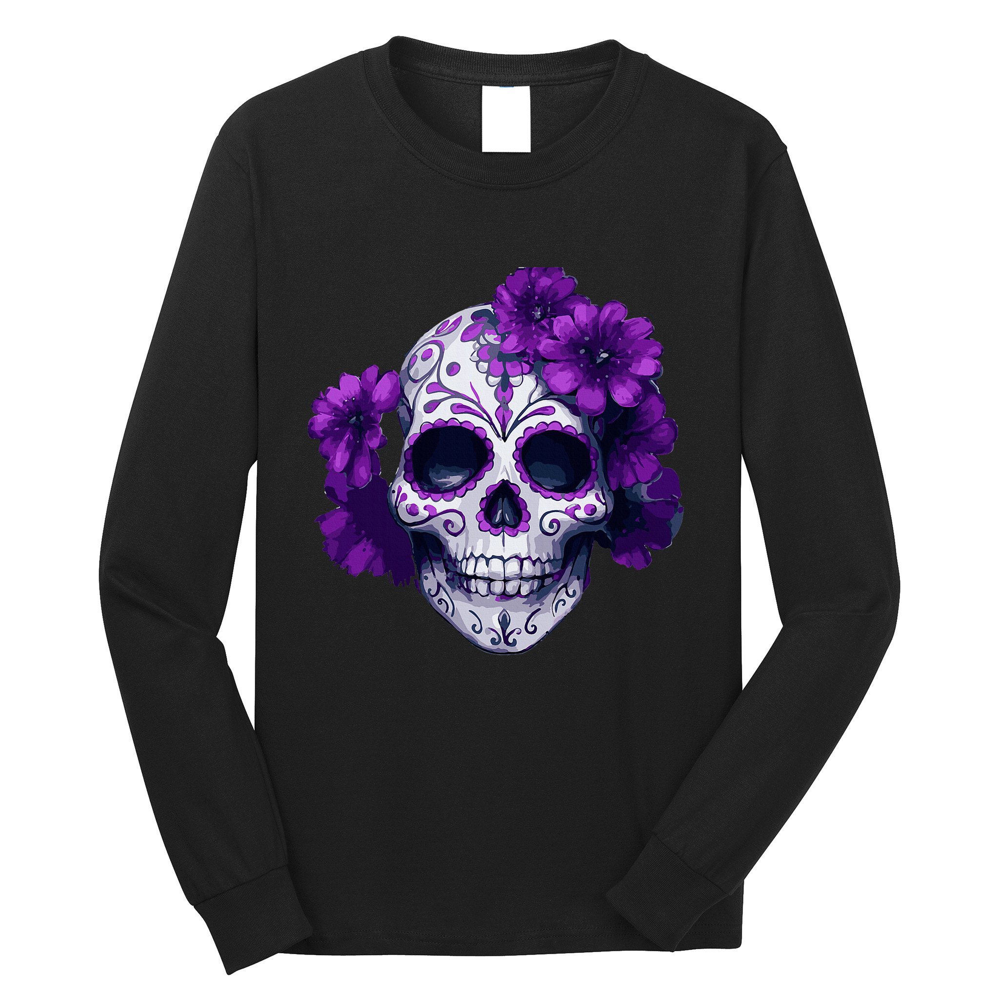 Purple Floral Black Sugar Skull Day Of The Dead Mexican Pray Long Sleeve Shirt