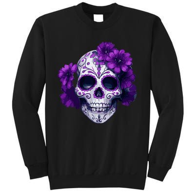 Purple Floral Black Sugar Skull Day Of The Dead Mexican Pray Sweatshirt